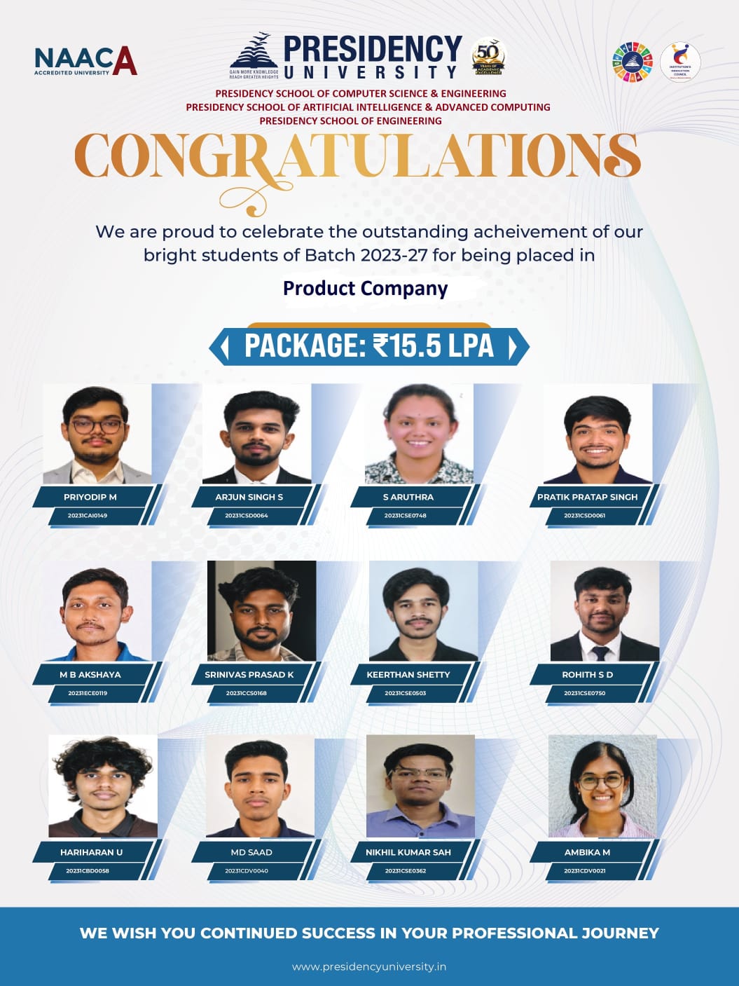 Presidency Students Secure Outstanding Product Company Placements with ₹15.5 LPA Package